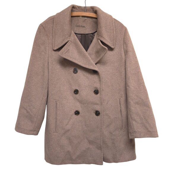 Calvin Klein Wool Blend Double Breasted Coat16 Oat Peacoat Winter Minimalist - Picture 1 of 12